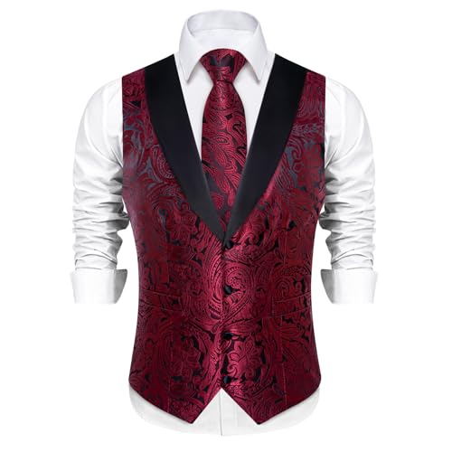Image of DiBanGu Mens Paisley Suit Vest Silk Jacquard Waistcoat and Necktie Set Formal Shawl Collar Dress Vest 7PCS for Wedding Party