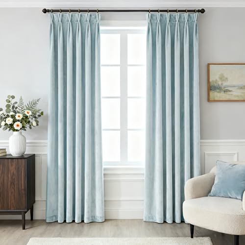 Pinch Pleat Light Blue Velvet Curtains 96 inch Length 2 Panel Set for Living Room Modern Elegant Plush Velvet Luxury Fabric Room Darkening Pleated Window Drapes Insulated Bedroom Curtain Dusty Blue