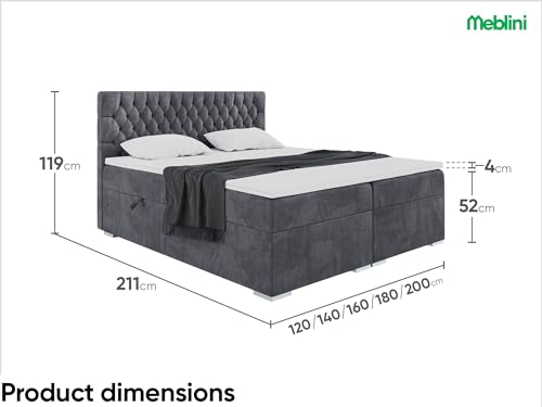 MEBLINI Boxspringbett mit Bettkasten - Gepolstert Doppelbett mit Matratze und Topper - Polsterbett mit Stauraum - Bett mit Kopfteil - Stauraumbett - Dalia - 120x200 - H4/Dunkelgrau Samt – Bild 4