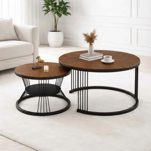 Image of Round Coffee Table Set of 2 for Living Room Wooden Top with Black Metal Frame Modern Nesting Center Table for Sofa Area Home & Office Furniture (Black Brown)