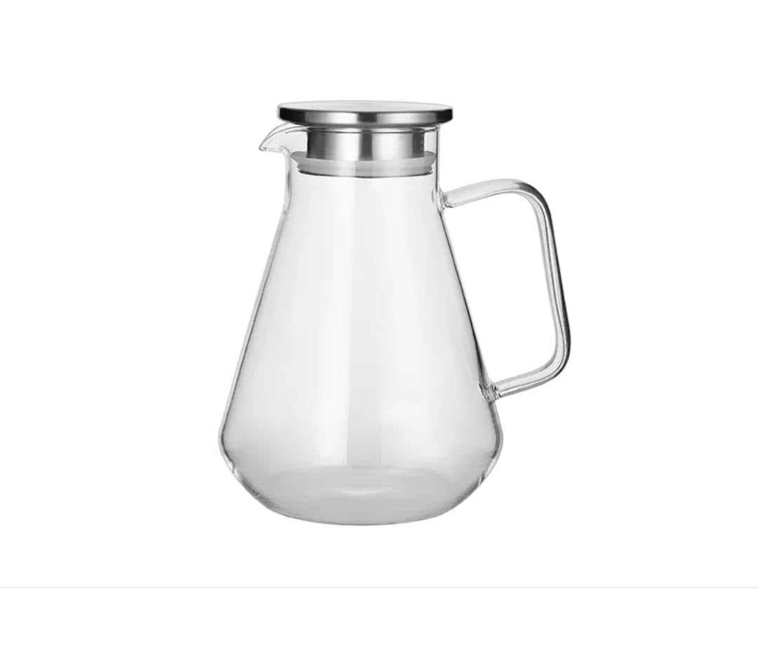 KiKiluxxa Borosilicate Water Jug 1.9 Litre, Stainless Steel Air Tight Lid,Iced Tea Pitcher, Water Jug, Hot Cold Water, Milk and Juice Beverage Carafes (CareZil Jug)