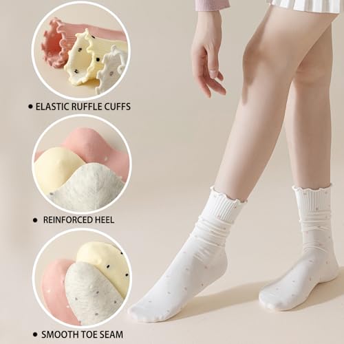 Mcool Mary 6 Pairs Women's Ruffle Socks,Casual Ankle Breathable Cool Knit Cotton Cute Polka Dot Dress Crew Socks3