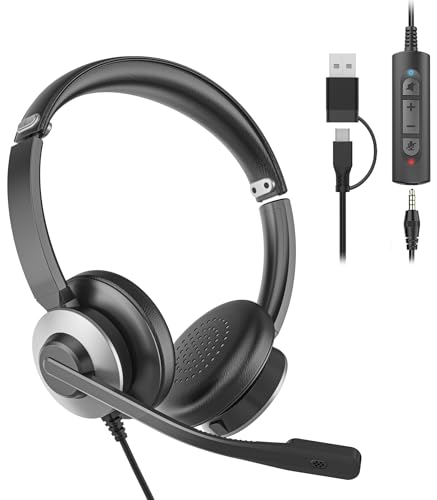 ヘッドセット 有線 マイク付きイヤホン 3.5mm/USB-A/USB-C対応 ノイズキャンセリング搭載 ステレオ音声 音量調節・ミュート機能付き 軽量で快適 オンライン会議/テレワーク/仕事用 ブラックグレー