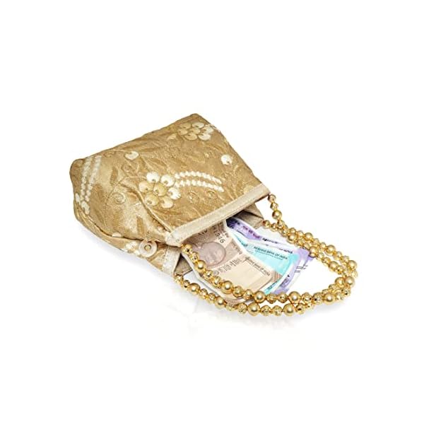 Wenz Raw-Silk Designer Potli Bag for women with Golden Embroidery and Cheed Moti Handle WP-1 - Image 5