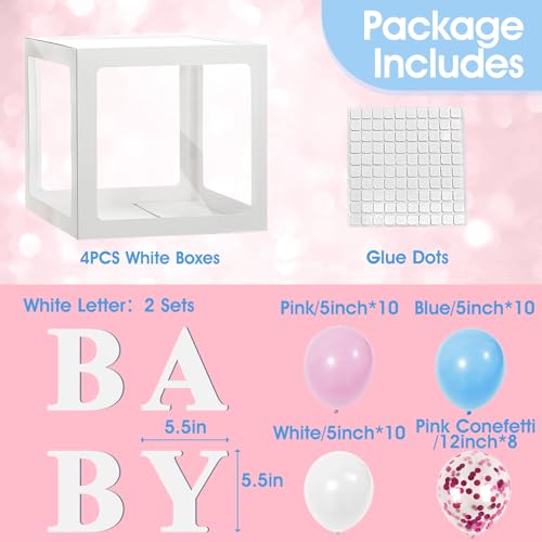 Image of Ledido Baby Boxes with Letters for Baby Shower Decorations with 38 Balloons, 4 pcs Clear Balloon Boxes Blocks for Boys Girls Gender Reveal Decorations Birthday Backdrop Party (White)