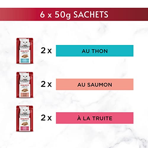 Gourmet MON Petit Intense | Katze | Diskrete in Soße | Thunfisch, Lachs, Forelle | 8 Stück à 6 x 50 g | Frischebeutel