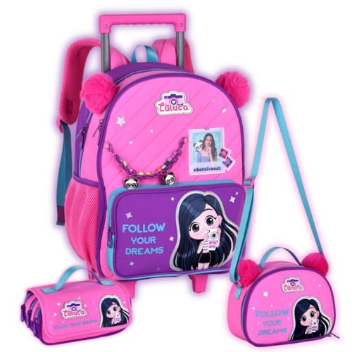 Kit Mochila Luluca de Rodas, Lancheira Térmica E Estojo Triplo Meninas, Cor Rosa