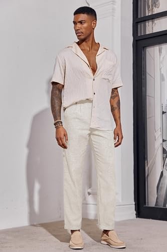 Beotyshow Mens Linen Pants Casual Elastic Waist Trousers Summer Beach Lightweight Pants4