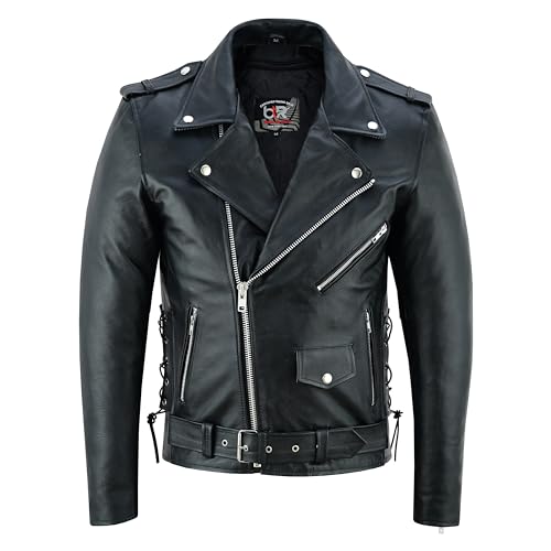 Men's Motorcycle Brando Leather Jacket 100% Cowhide Distressed Zip Up Leather Side Lacing Motorbike Jackets