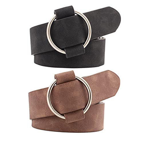 2pcs Wide Pu Leather Women's Belt with Round Pin Buckle Solid Waistband Black and Coffee for Casual Wear and Fashion Accessories