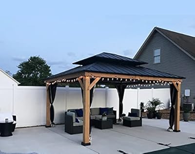 YOLENY 13' x 15' Wood Gazebo, Spruce Frame Outdoor Hardtop Gazebo with Metal Roof, Privacy Curtains and Nettings for Patio, Garden, Backyard