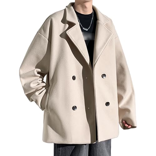 DGKaxiyaHM Men's Short Wool Blend Pea Coat Suit Collar Double Breasted Trench Overcoat Insulated Loose Windproof Jacket (3X-Large,Apricot)