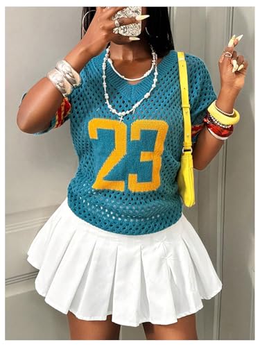 MakeMeChic Women's Y2K Summer Tops Jersey Shirts Crochet Striped Crew Neck Pullover Sweater4