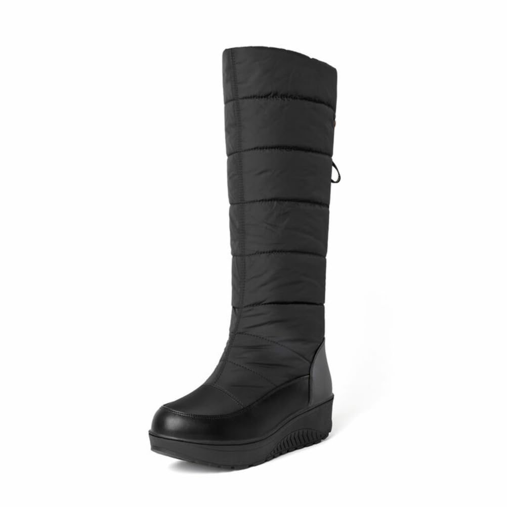 Womens Quilted Knee High Booties Wedge Heels Round Toe Cushioned Insole Warm Lining Durable Leather Upper Anti Slip