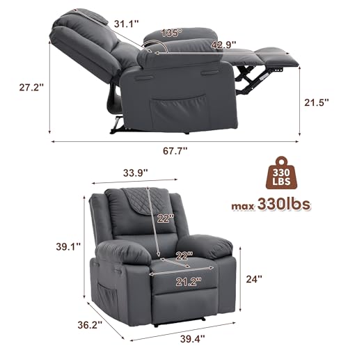 Image of Manual Recliner Chair for Adults with Heating & Massage, 135 Adjustable Reclining Lounge Chair with Side Pockets & Remote Control, Ideal for Living Room Bedroom,Gray
