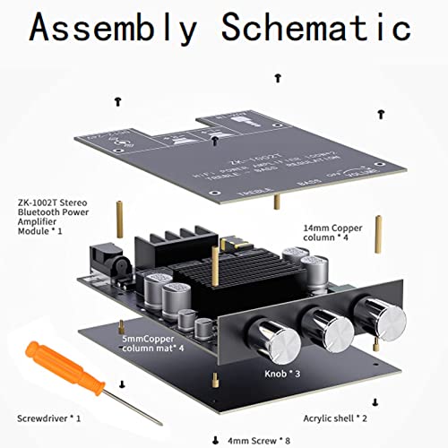 Assembly Schematic for ZK-1002T Amplifier Board showing the order of components: ZK-1002T Stereo Bluetooth Power Amplifier Module, 14mm Copper columns, 5mm Copper column mats, Knobs, Acrylic shell, and 4mm Screws.