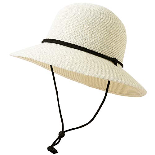 Lanzom Chapeau de soleil pliable à large bord avec paille enroulable UPF 50 pour femme avec cordon coupe-vent, blanc ivoire, Taille unique Cover