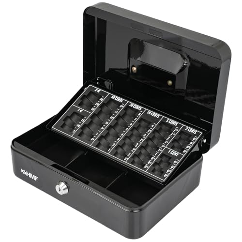 HMF Caisse à monnaie, Caisse avec monnayeur, 3 compartiments pour billets | 25 x 18 x 9 cm | Noir