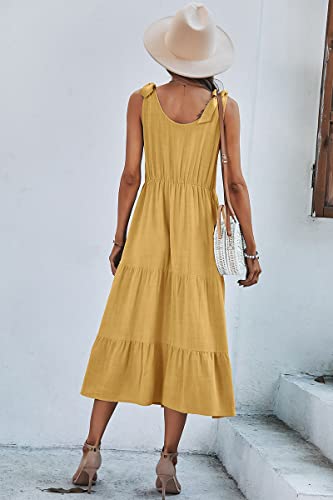 Image of chouyatou Women's Summer Adjustable Spaghetti Strap Solid Ruffle Swing Midi Dress