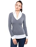 AmélieBoutik Women Faux Shirt 2 in 1 Style Long Sleeve Pullover Blouse Top (Gray X-Large)