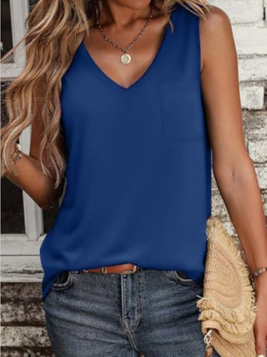 Women's Clothing Casual V Neck Sleeveless Summer Spring Tank Tops Loose Fit Cute Outfit Basic Cami Fashion Shirts Blue