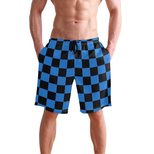 Dussdil Blue Black Checkerboard Men's Beach Shorts Swim Trunks Men Casual Board Shorts Quick Dry with Mesh Lining Pockets S