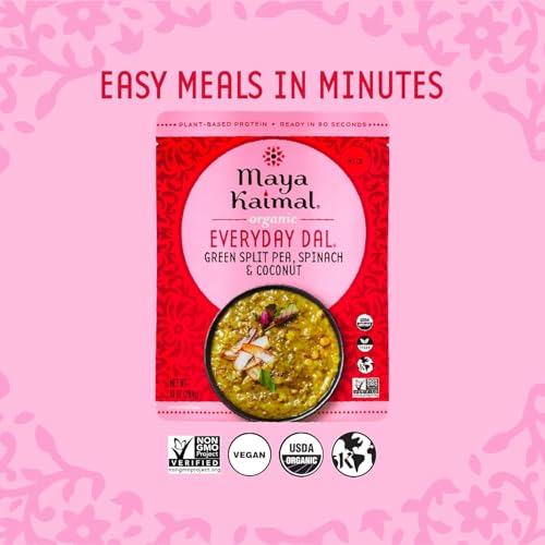 Maya Kaimal Organic Indian Green Split Pea Everyday Dal, Fully Cooked with Spinach and Coconut. Vegan, Microwavable, Ready to Eat 6 Count , 10 oz (Pack of 6)