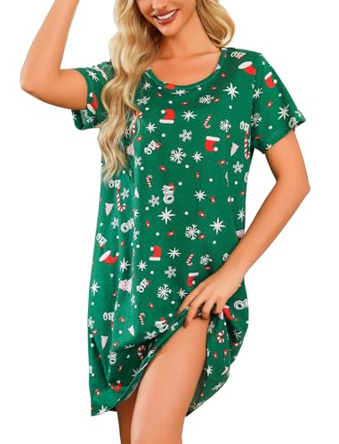 Image of ENJOYNIGHT Womens Cotton Nightgown Short Sleeve Sleepshirt Print Nightshirt | Short-Sleeve Crew Neck, Soft Cotton Fabric, Cartoon Printed Sleep Shirt, Loose Fit