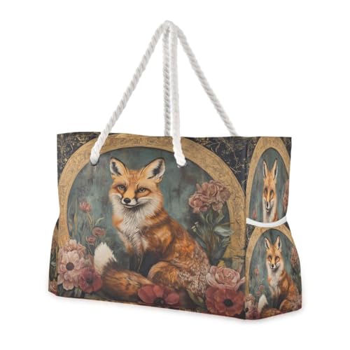 Vintage Fox Beach Bag & Travel Tote Bag Large Sandproof with Zipper Closure, Wet Pouch for Swim Gym Travel, Lightweight Foldable Outdoor Bag