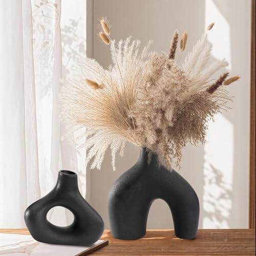 Image of PUREZENTO Abstract Black Ceramic Donut Vase 5.4 & 7.7 Inch - Set of 2 | Decorative Unique Modern Vase for Dried Flowers & Pampas Grass | Vases for Modern Home Decor, Living Room, Office Decor Ideas