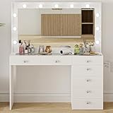 Boahaus Serena LARGE Makeup Vanity with Hollywood Lights Built-in, 7 Drawers, Hollywood Mirror, Hairdryer Hanger, Glass Top, Crystal Ball Knobs, White Vanity Makeup Desk for Bedroom, 58''Hx47''Wx17''D
