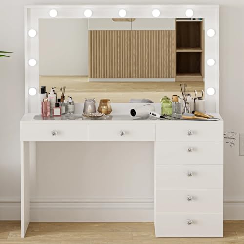 Boahaus Serena LARGE Makeup Vanity with Hollywood Lights Built-in, 7 Drawers, Hollywood Mirror, Hairdryer Hanger, Glass Top, Crystal Ball Knobs, White Vanity Makeup Desk for Bedroom, 58''Hx47''Wx17''D