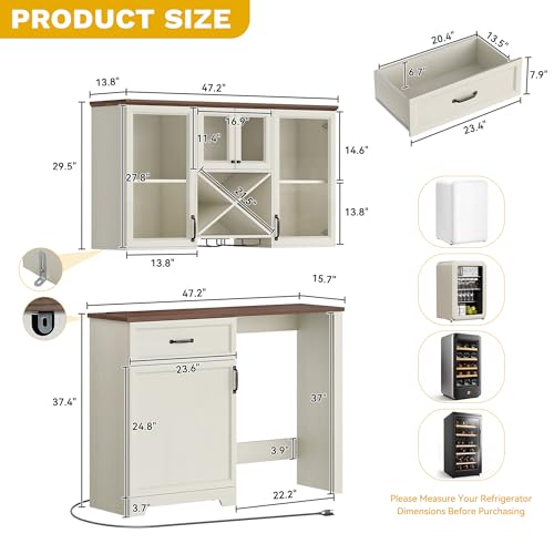 DWVO Coffee Bar Cabinet with Mini Fridge Space Storage & Charge Station, Wall-Mounted Kitchen Pantry Cabinets with Glass Doors & Wine Storage & Glass Racks for Home Living Dining Room, White Walnut