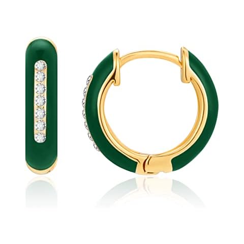 MESOVOR Enamel Color Huggie Hoop Earrings, 18K Gold Plated Lightweight Classic Cubic Zircon Earrings Gifts for Women Girls (Green) Cover