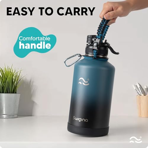 Image of Swigina 64 oz Insulated Water Bottle with Silicone Boot (48hrs Cold /24hrs Hot) - DIY Stickers, Leakproof, BPA Free, Half Gallon [2-IN-1 LID]