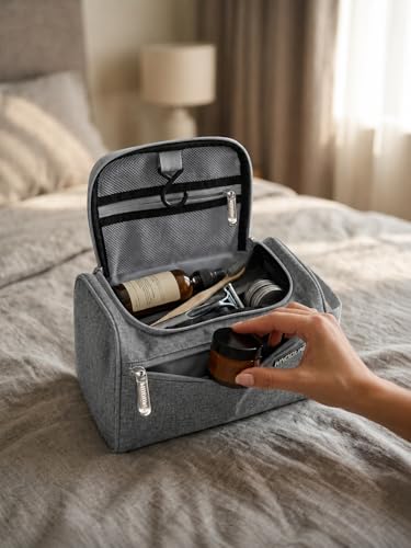 Image of Wooum Travel Toiletry Bag for Men | Water-Resistant Bathroom Organizer with Hook | Compact Khadi Fabric Dopp Kit with Zipper & Mesh Pockets - Ideal for Travel, Gym & Daily Use (Tgrey)
