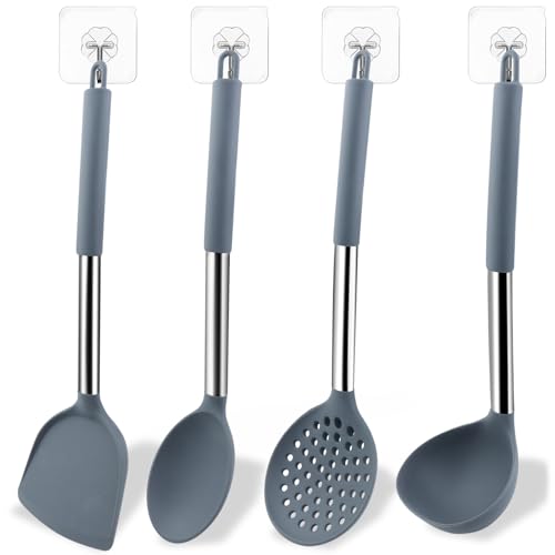 JNZLT Set di 4 posate da cucina, in silicone, utensili da cucina, per cucinare e servire (cucchiai da zuppa, colino, pala cinese, cucchiaio largo) con 4 ganci