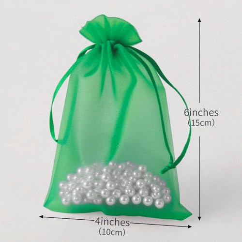 Image of YHJZ 100PCS Dark Green Organza Bags, 4x6 Inch Small Mesh Bags Drawstring, Jewelry Gift Bags for Birthday Party, Treats, Wedding