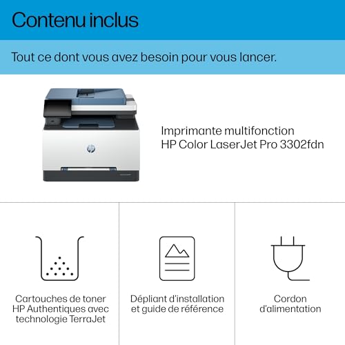 HP Color Laserjet Pro 3302fdn, 499Q7F, Imprimante Multifonction A4, Impression Recto Verso Automatique, 25 ppm N/B et Couleur, USB, Ethernet, Fax, Copie, Numérisation, ADF 50 Feuilles, Smart, Bleu