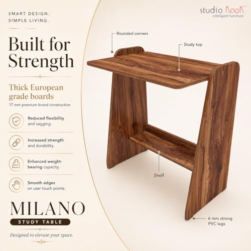 Image of Studio Kook Milano Study Table, Engineered Wood, Modern Computer Desk with Storage Shelf, 80cm Height x 75cm Width, Engineered Wood, Matte Finish, DIY (DO IT Yourself) Assembly (Amber Walnut)