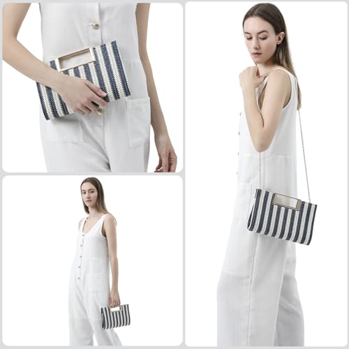 Image of Women's Straw Raffia Clutch Purse, Top Handle Woven Handbag with Crossbody Strap, Summer Beach Shoulder Bag