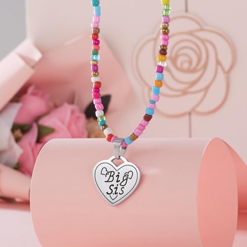 Image of Big Middle Little Sister Mom 2 Daughters Heart Colorful Beaded Necklaces | 3Pcs matching sister pendant set, meaningful friendship & family jewelry, ideal gift for BFF, sisters, mom & daughter