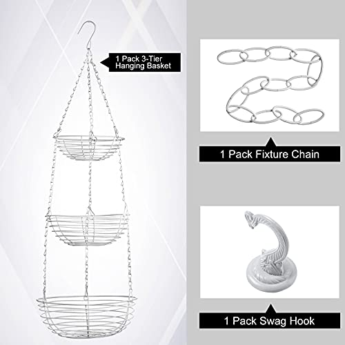 Hotop 3-Tier Hanging Fruit Basket Vegetable Storage Wire Basket With 16 Inch Fixture Chain And Ceiling Hook For Putting Fruit Vegetables Snacks Household Items (White) #TOP2