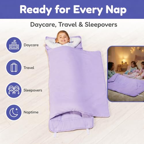 Image of EVERYDAY KIDS Nap Mat with Removable Pillow - Lavender - Carry Handle with Straps Closure, Rollup Design, Soft Microfiber for Preschool, Daycare, Travel Sleeping Bag - Ages 3-6 Years