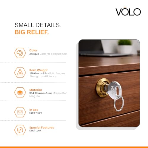 Image of Volo Pack of 1 Furniture Cupbord Lock for Drawers and cabinets, Cupboard /Cabinet /Safety /Wardrobe /Furniture almirah Lock for Home and Office (20mm, Antique Brass)