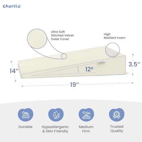 Image of Cherilo Standard Elevated Wedge Pillow for Baby Crib & Mattress, Helps to Elevate Baby for Acid Reflux, Colic, GERD, Heat Burn & Vomiting | 14 inch x 19 inch x 3.5 inch | - with Removable Velvet Cover - Cream