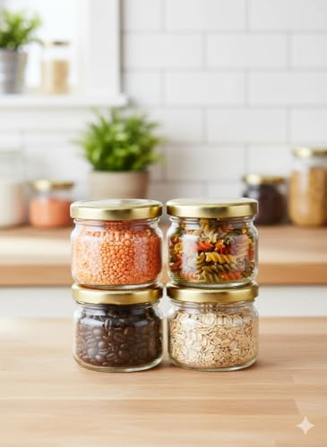 Image of Somil Transparent Glass Storage Jar Set for Kitchen Storage | Food-Grade Containers for Spices, Dry Fruits & Snacks | 30 Ml Each | Pack of 4 | Size 4.3 X 4.3 X 4 Cm -AS837