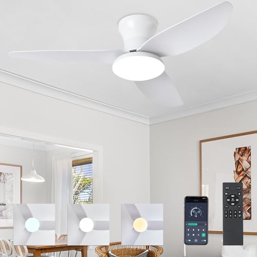 LXTEDJ Ceiling Fans with Lights and Remote, 100cm Ceiling Fan with Lamp, 3000K-6500K Stepless Color Temperature Change and 6 Speeds Fan Light for Living Room, Bedroom, Office, Kitchen-White