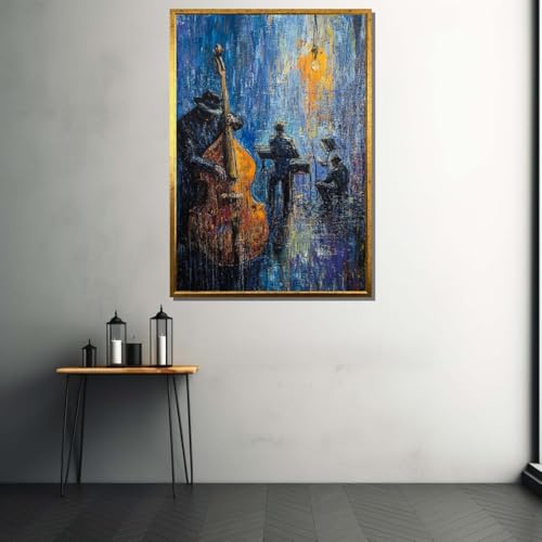 Tableau jazz sur toile 50x70 cm avec cadre intérieur bleu orange