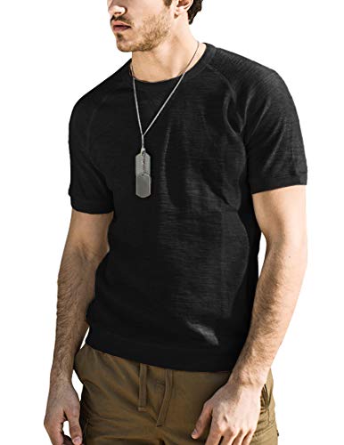 PEGENO Men's Casual Crew Neck Raglan Sleeve Slim Fit Shirts Black-US M